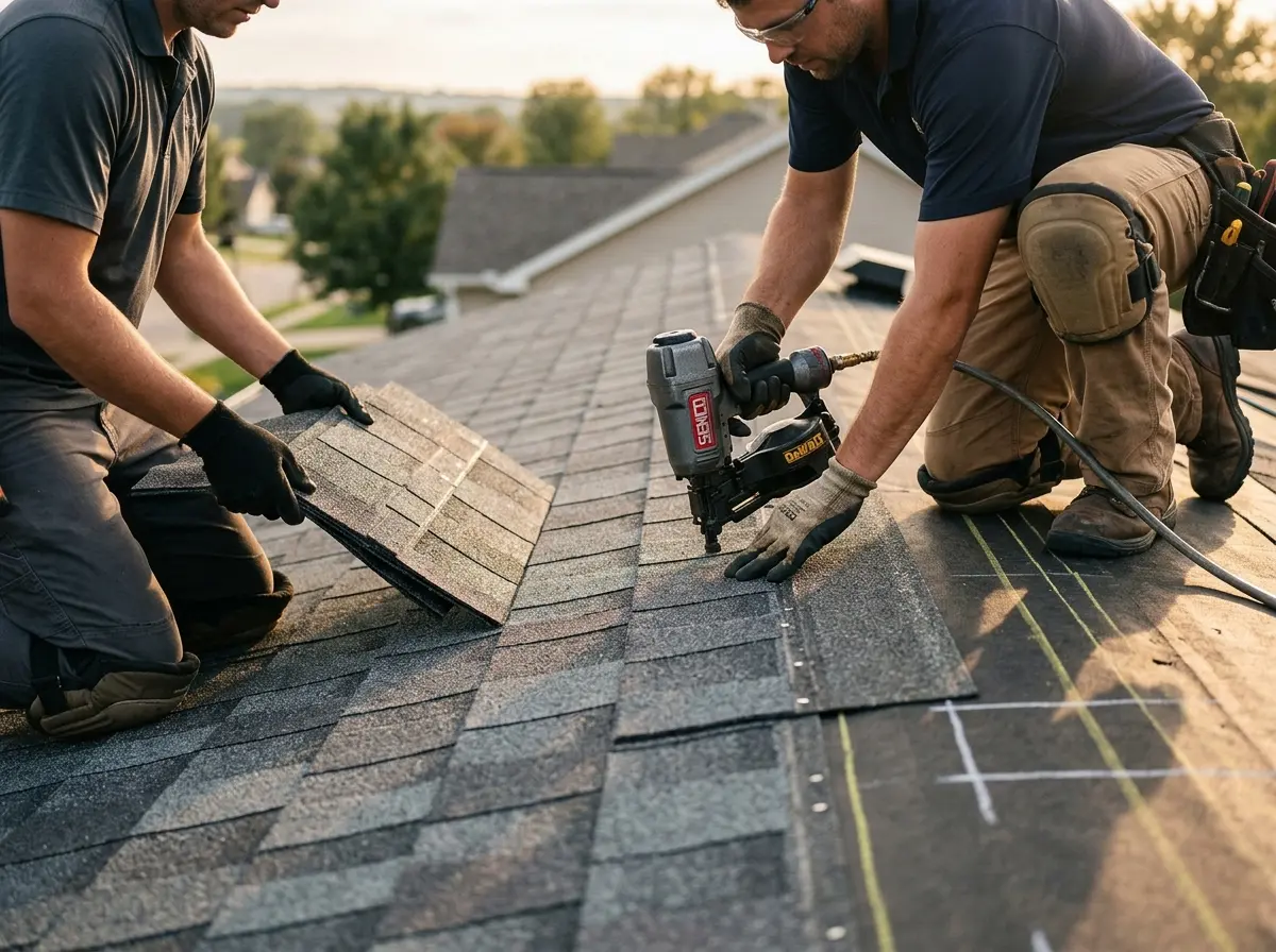 Professional roofer working on a residential roof in Scarsdale